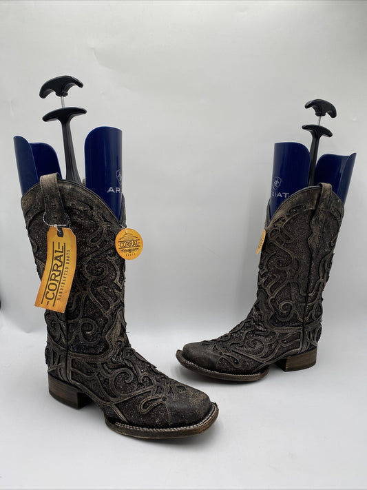 Corral Women's Glitter Inlay & Studs Square Toe Boots Black Size 7.5M