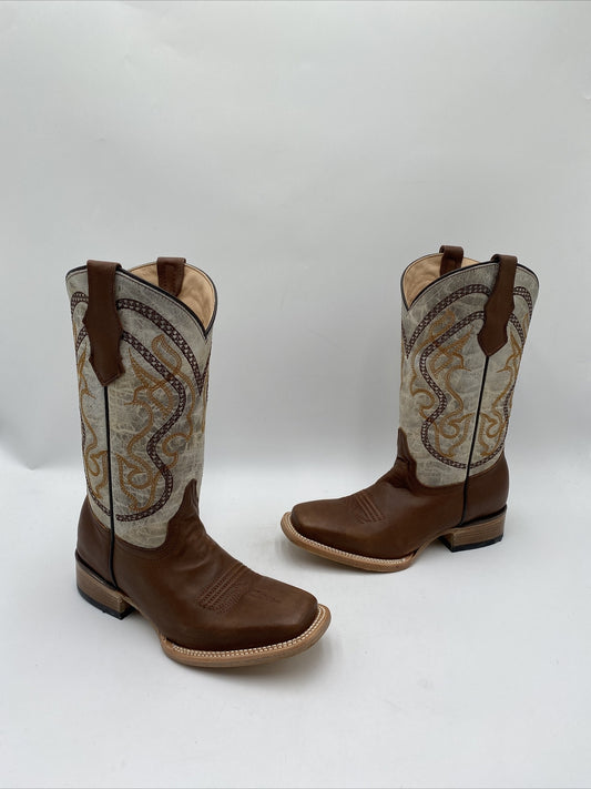 Circle G Teens Brown/Bone Embroidery Square Toe Boots Size 3T